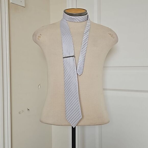 Vettorio Fratini Men's Sparkling Tie With Tie Pin White & Silver - Picture 3 of 16